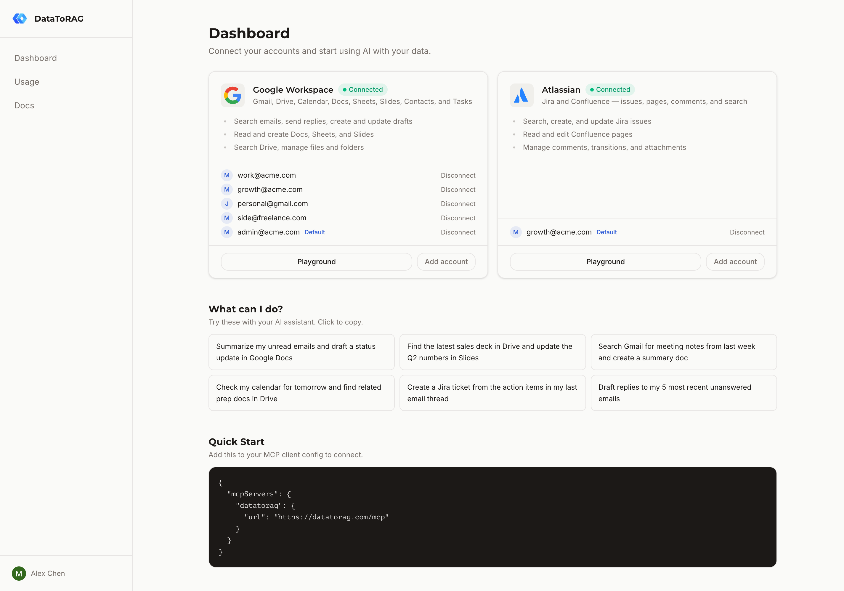 DataToRAG dashboard showing connected Google Workspace accounts and Atlassian, with example prompts